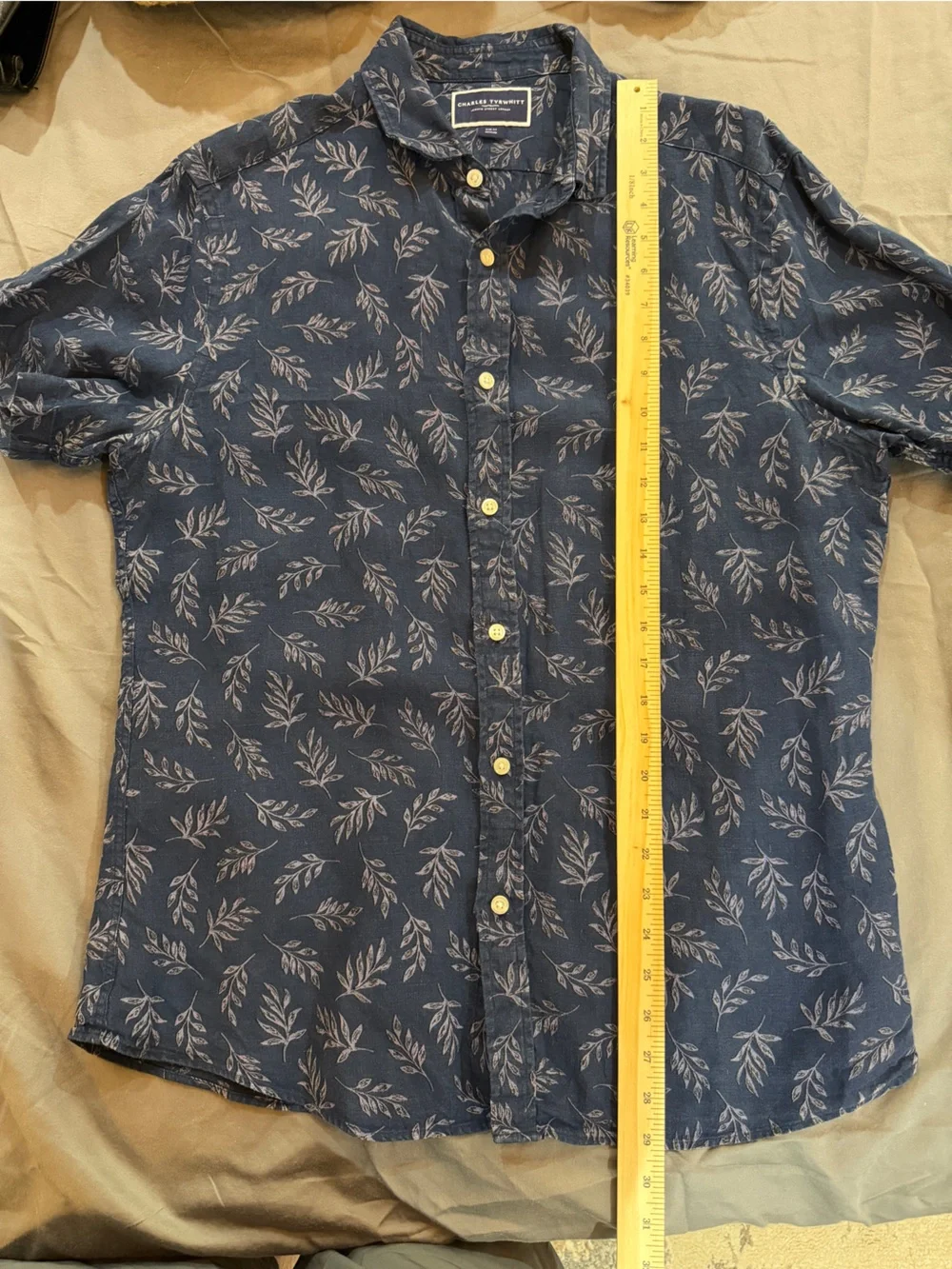 Charles Tyrwhitt Men’s Linen Navy Leaf-Print Short-Sleeve Shirt